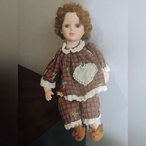 Plaid Red and Brown Porcelain Doll with Curly Hair